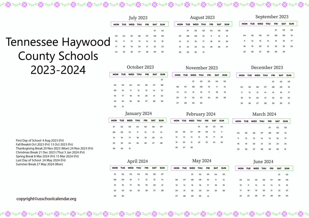 Tennessee Haywood County Schools Calendar