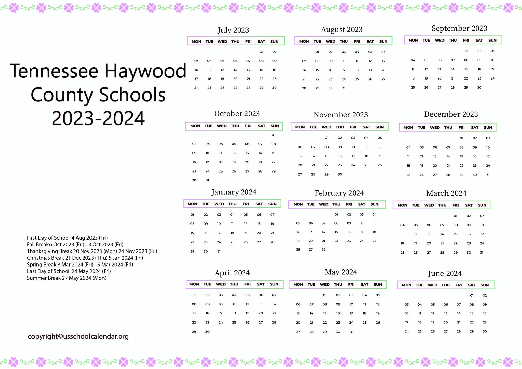 Tennessee Haywood County Schools Calendar US School Calendar