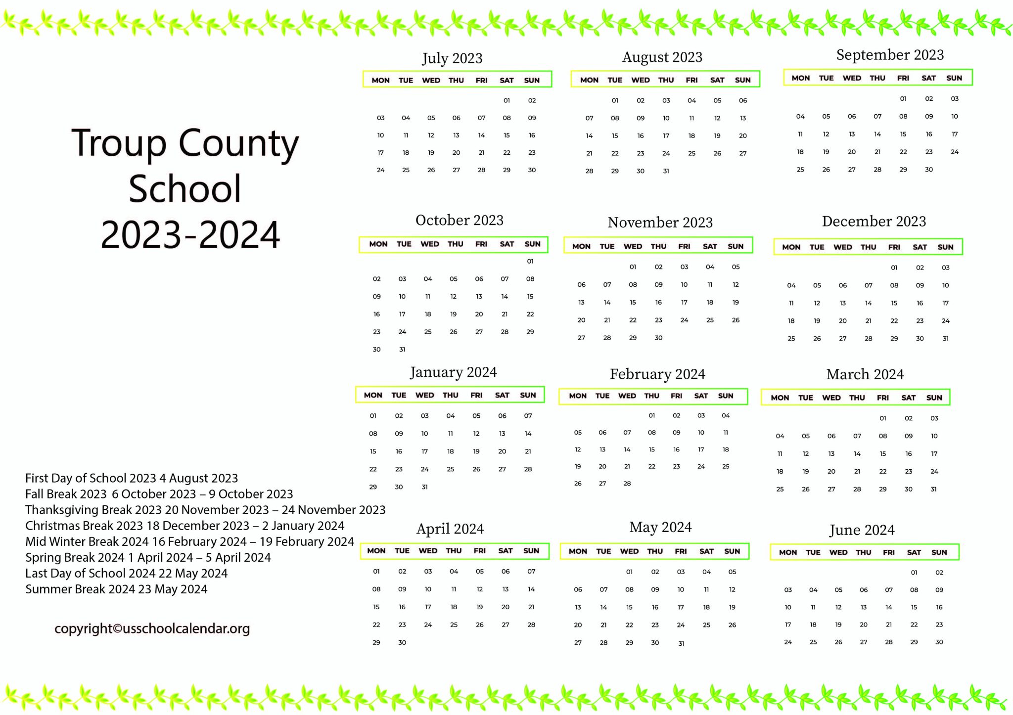Troup County Schools Calendar US School Calendar