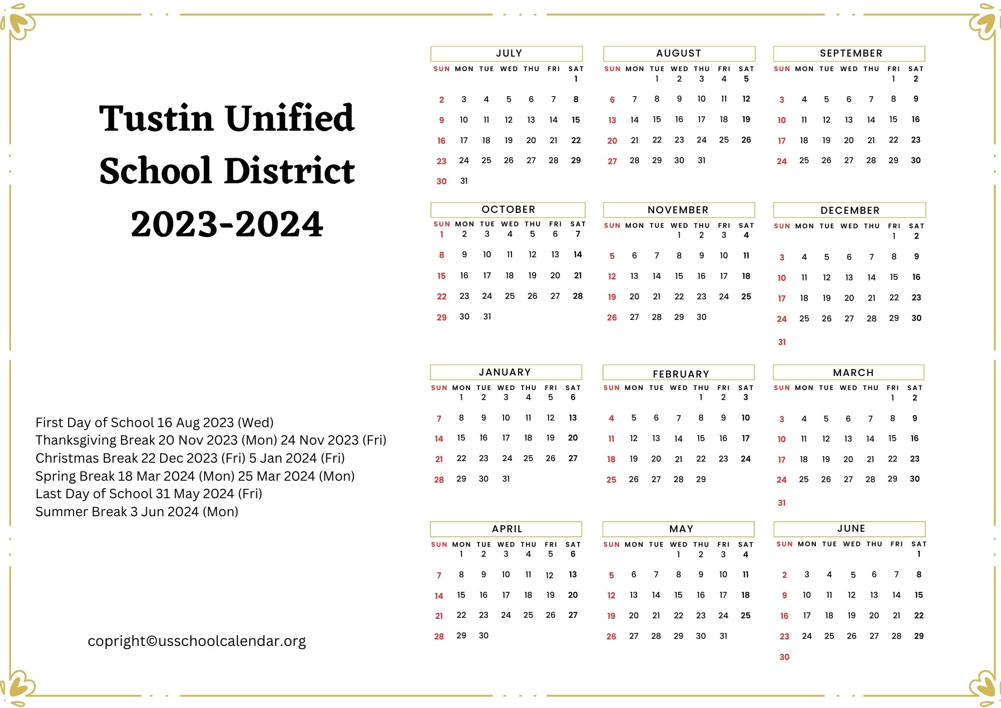 Tustin Unified School District Academic Year Calendar US School Calendar