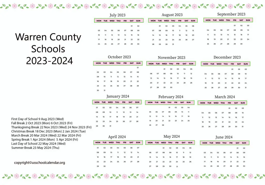 Warren County Schools Holiday Calendar