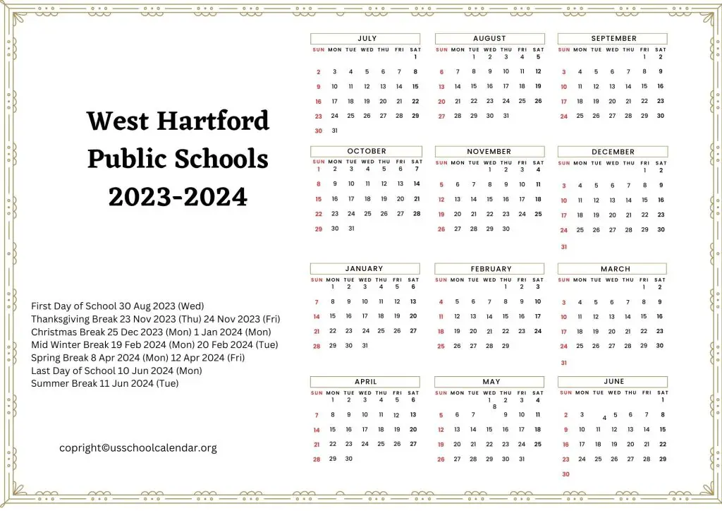 West Hartford Public Schools Calendar