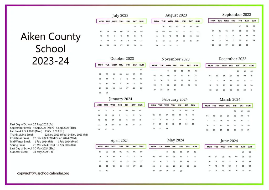 Aiken County Public School District Calendar