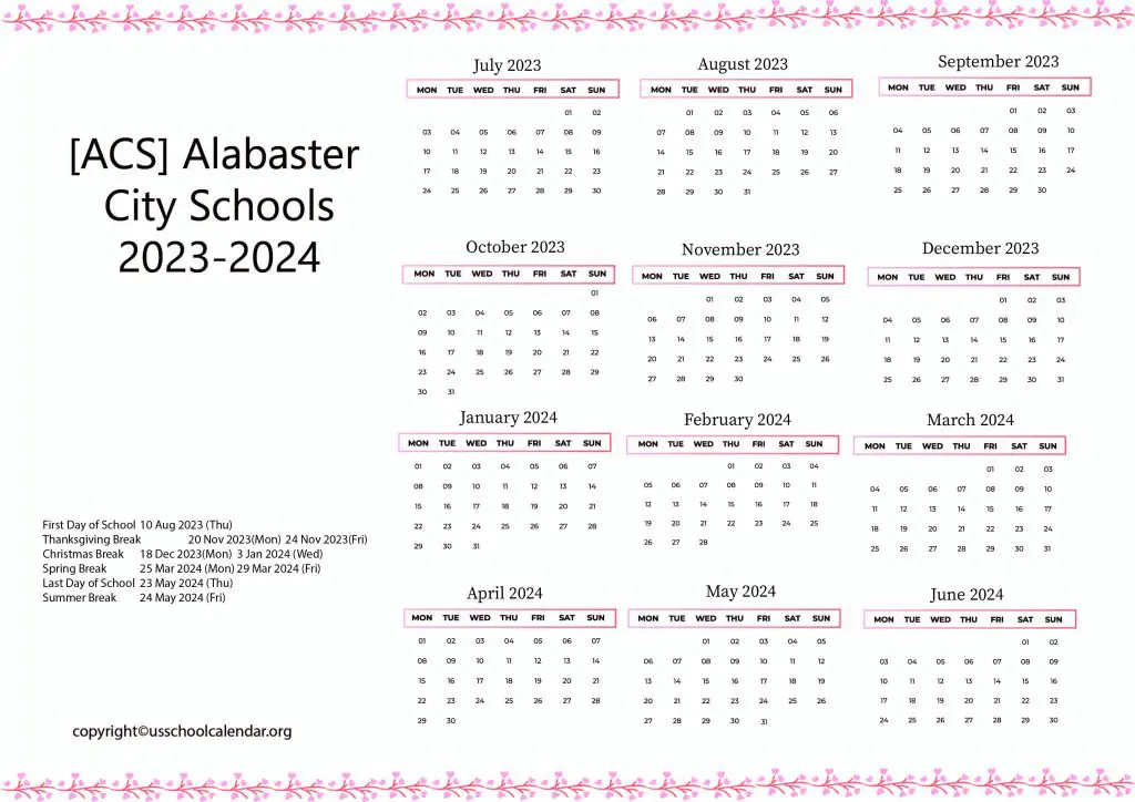 Alabaster City Schools Holiday Calendar