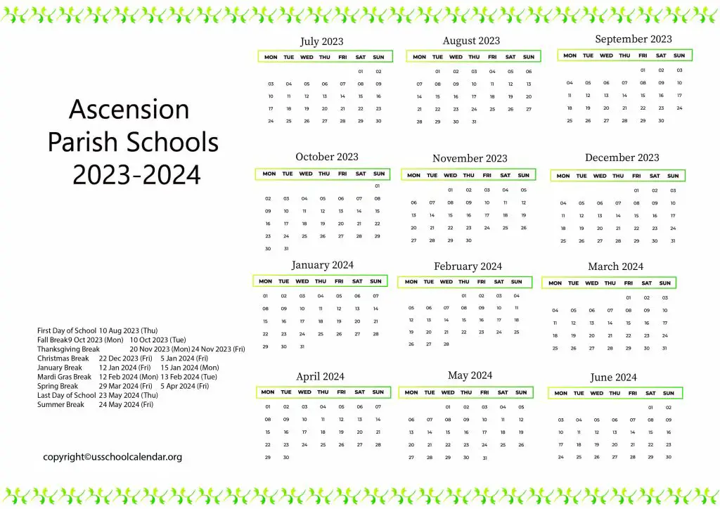 Ascension Parish Schools Calendar