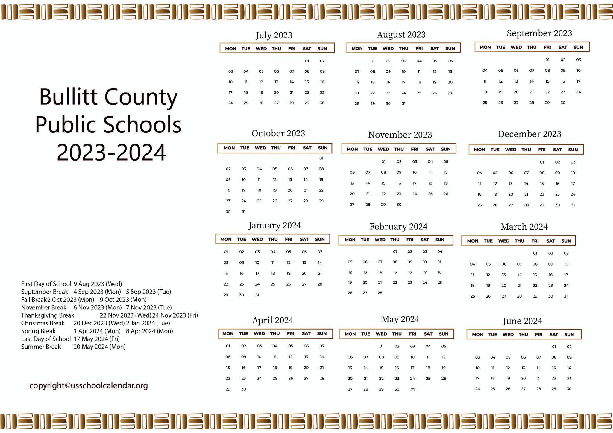Bullitt County Schools Calendar US School Calendar