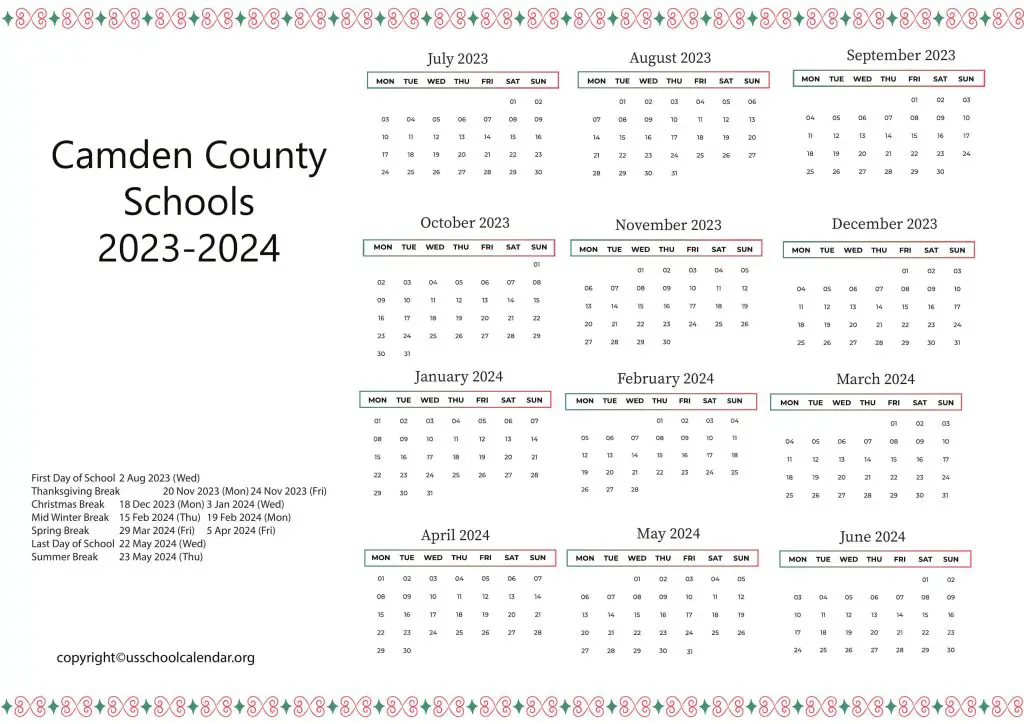 Camden County School Calendar