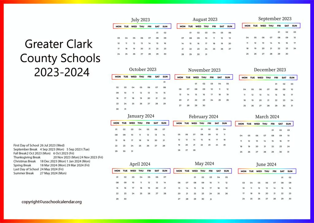 GCCS School Calendar [Greater Clark County Schools]