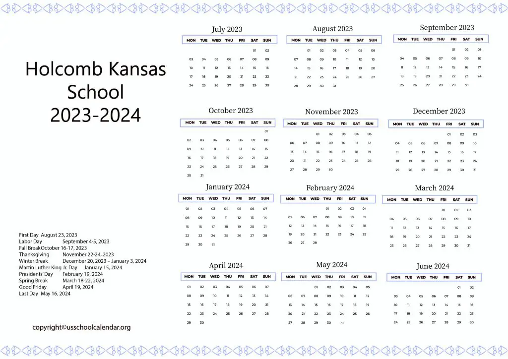 Holcomb School District Calendar