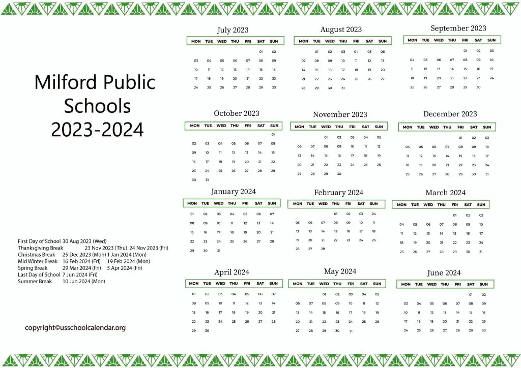 Milford Public Schools Calendar