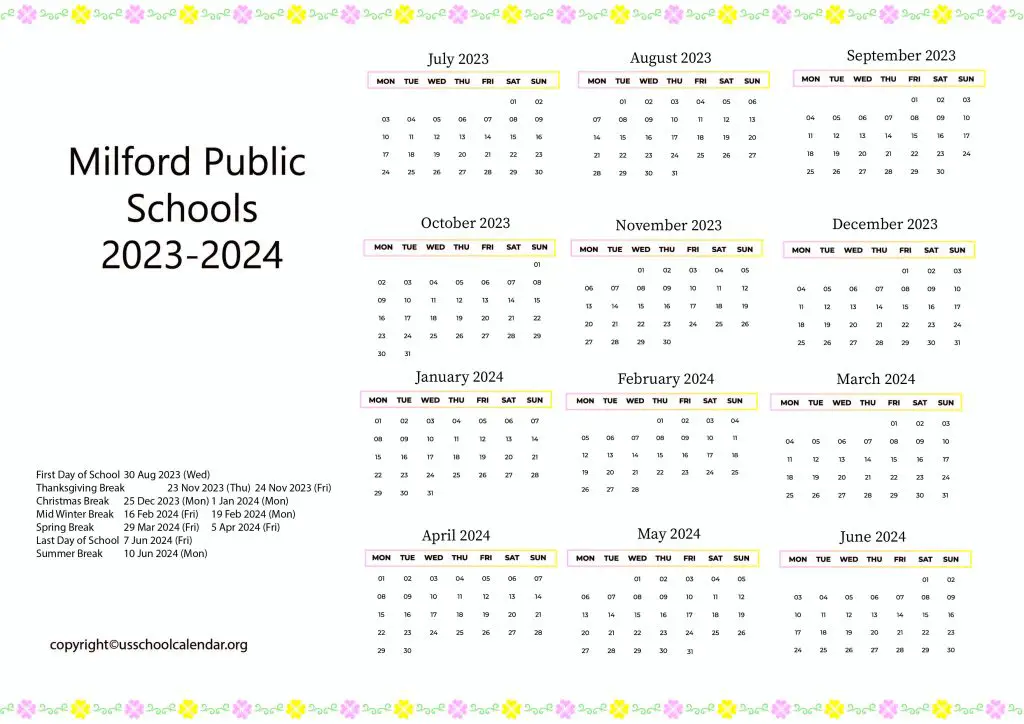 Milford Public Schools Holiday Calendar