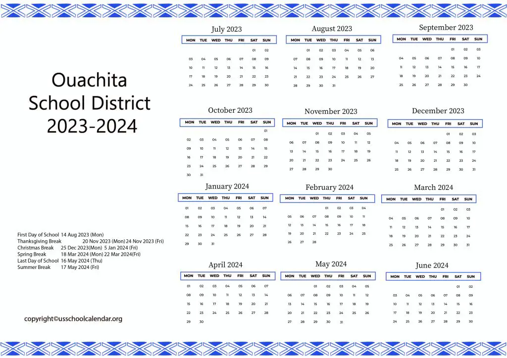 Ouachita School District Calendar