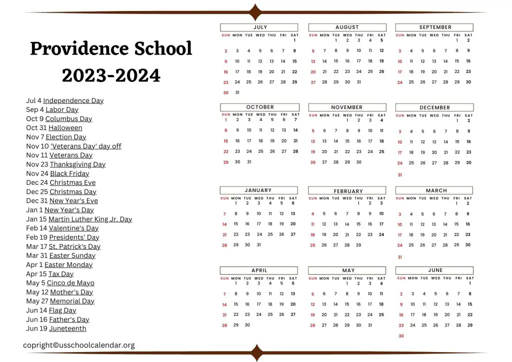 Providence School Calendar