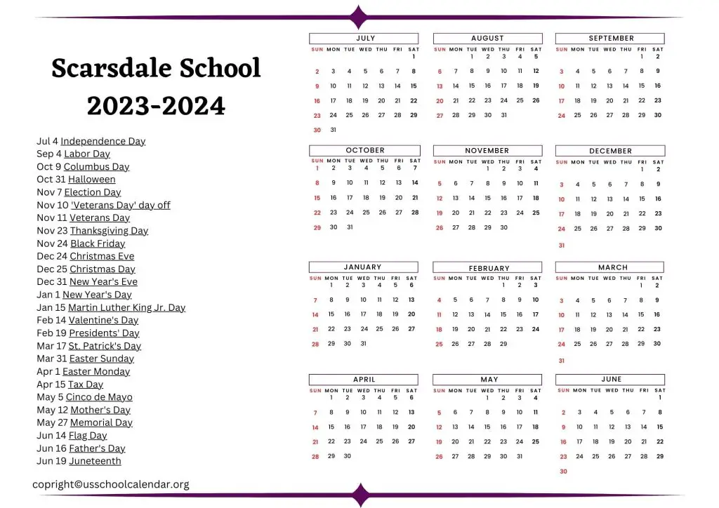 Scarsdale Union Free School District Calendar