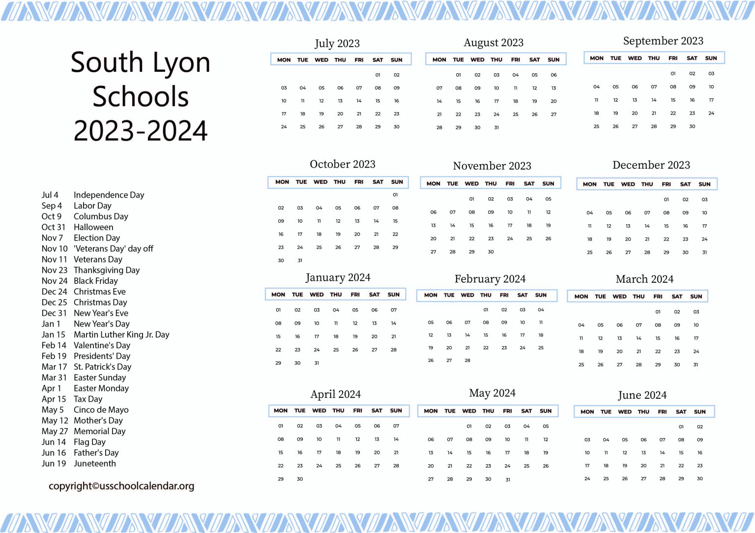 South Lyon Schools Calendar with Holidays 2023 2024