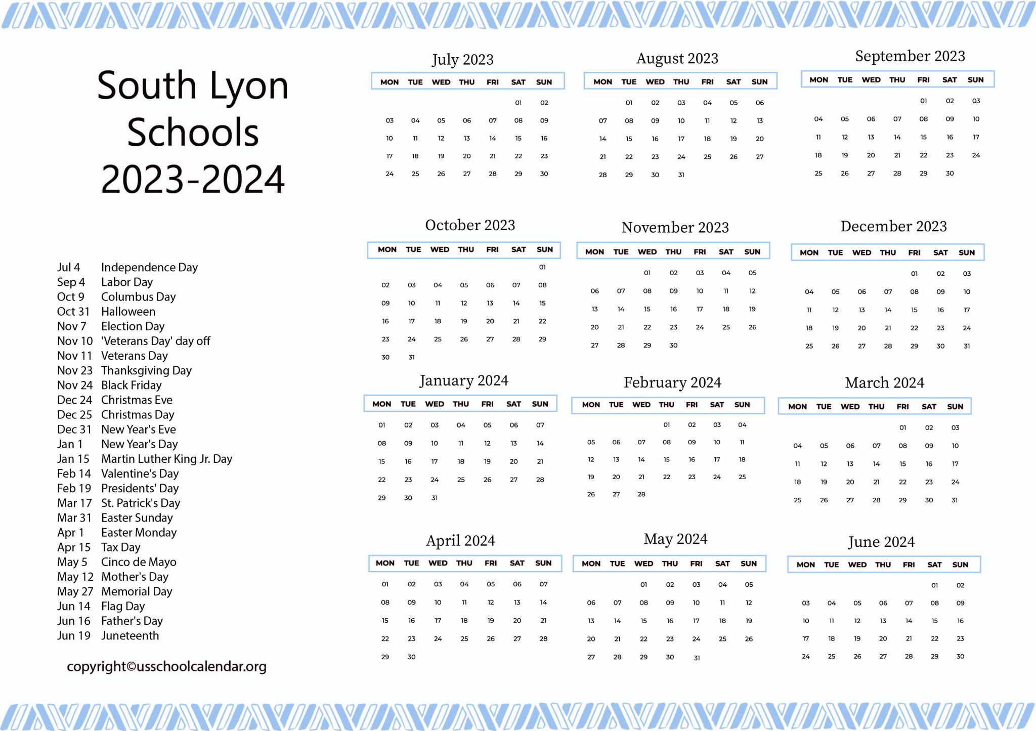 South Lyon Schools Calendar with Holidays 2023 2024
