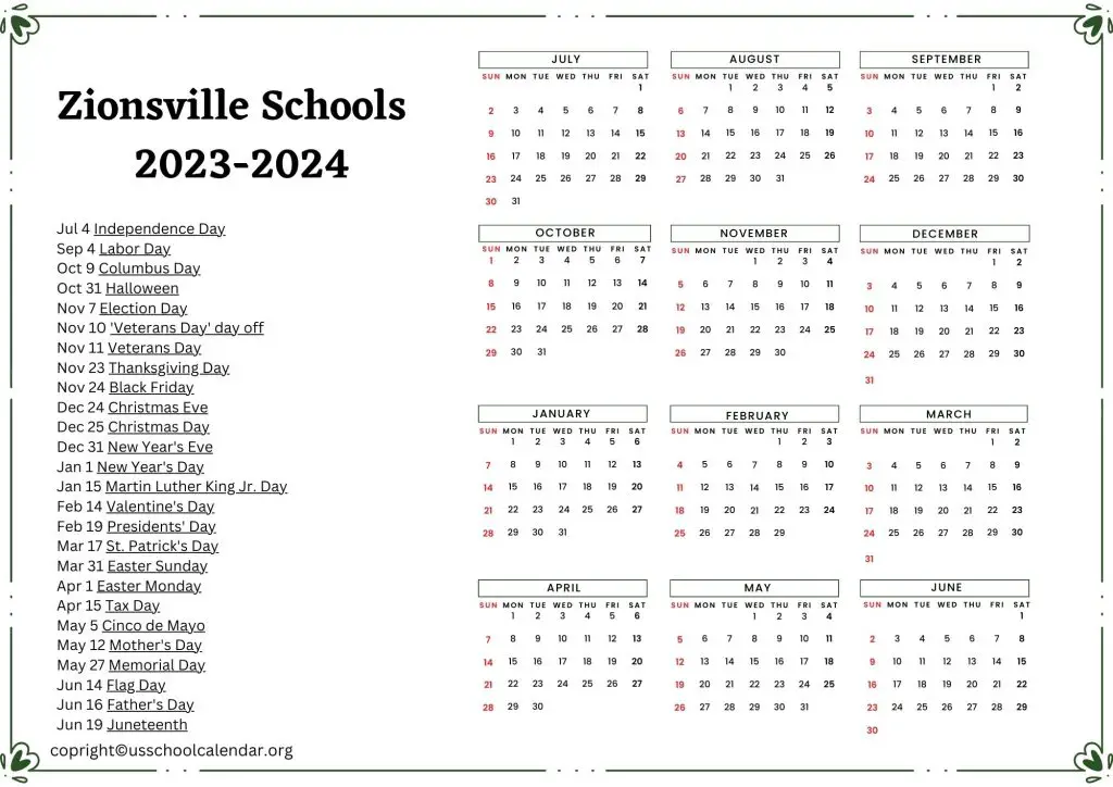 Zionsville Community Schools Calendar