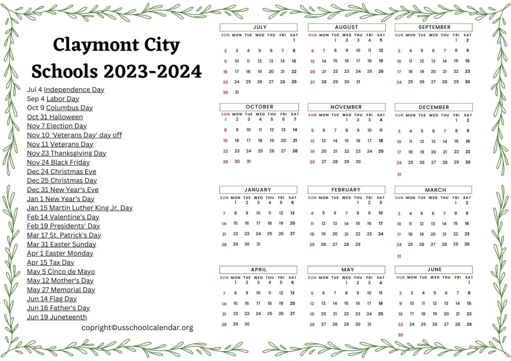 Claymont Schools Calendar