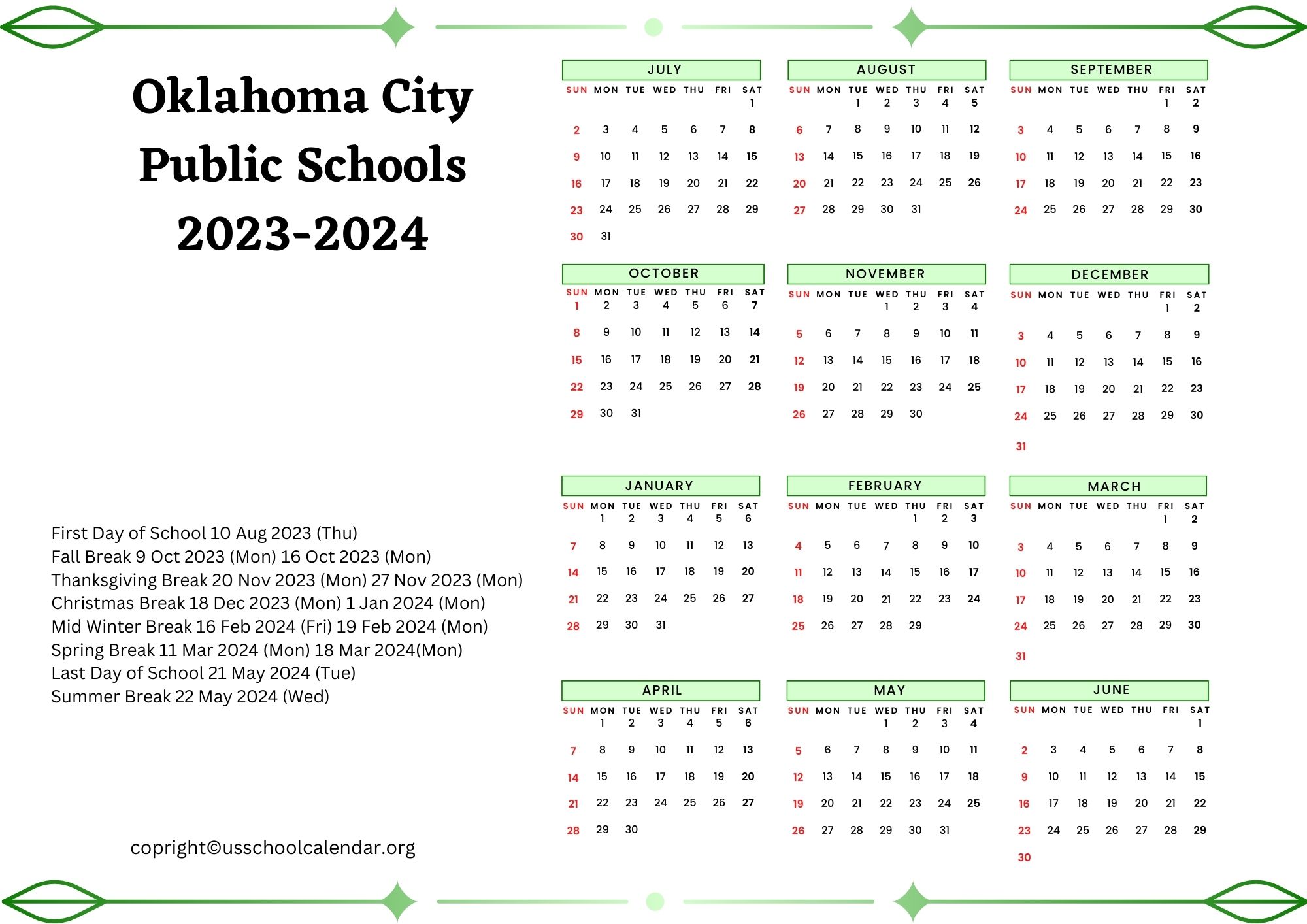 OKC Schools Calendar US School Calendar