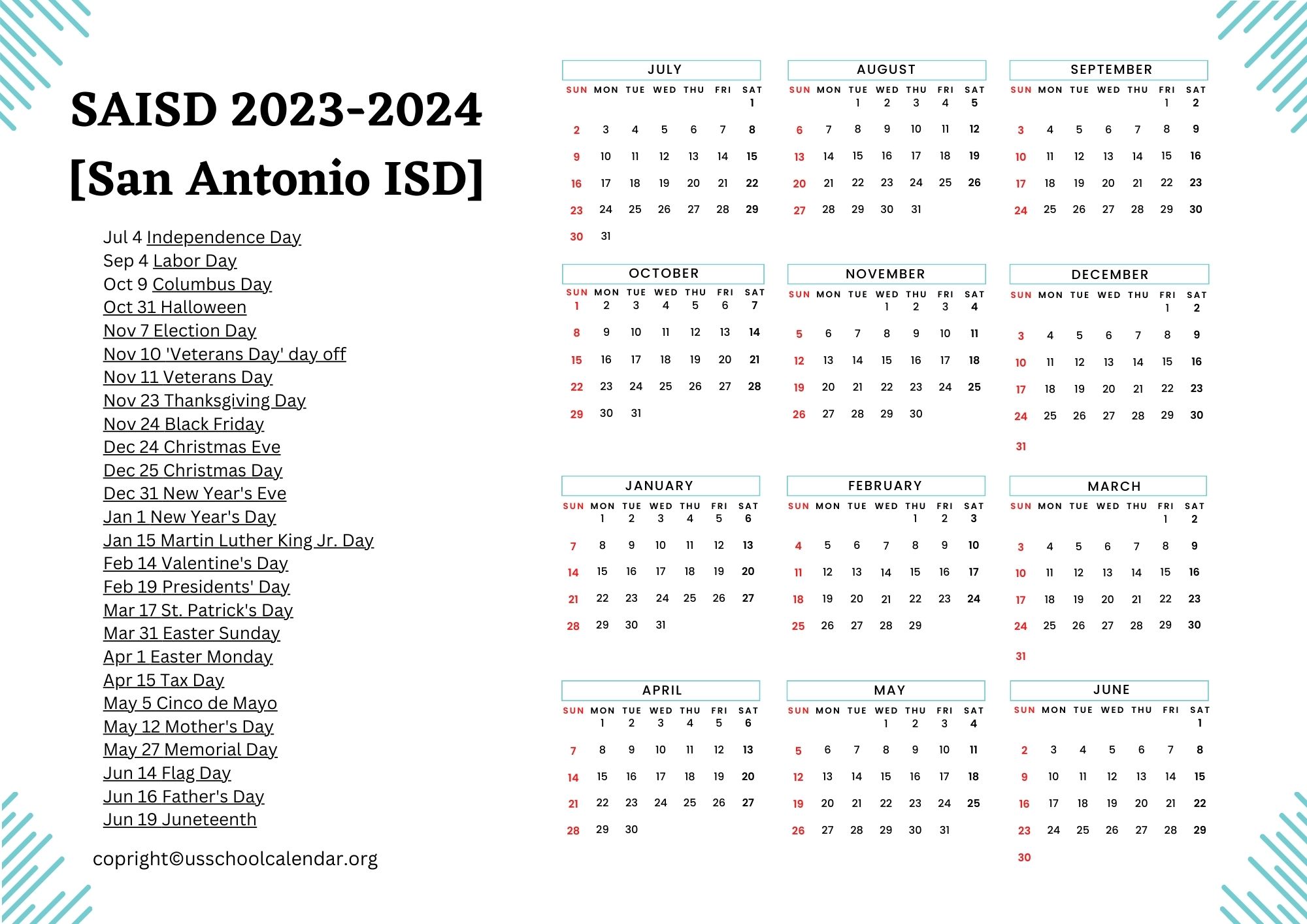 SAISD Holiday Calendar US School Calendar