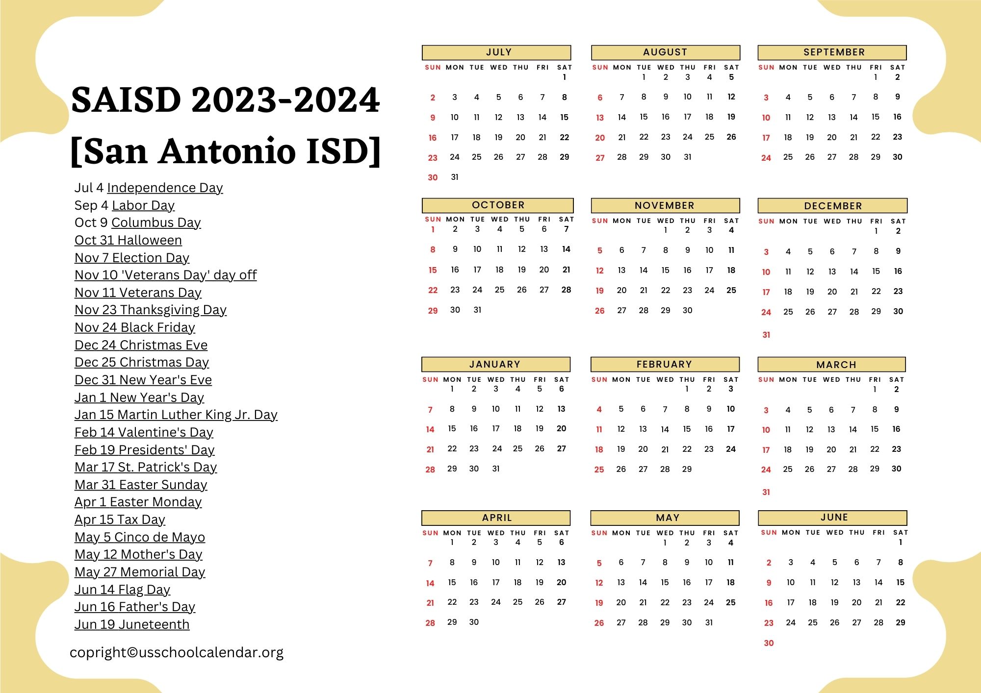Sa ISD Calendar US School Calendar